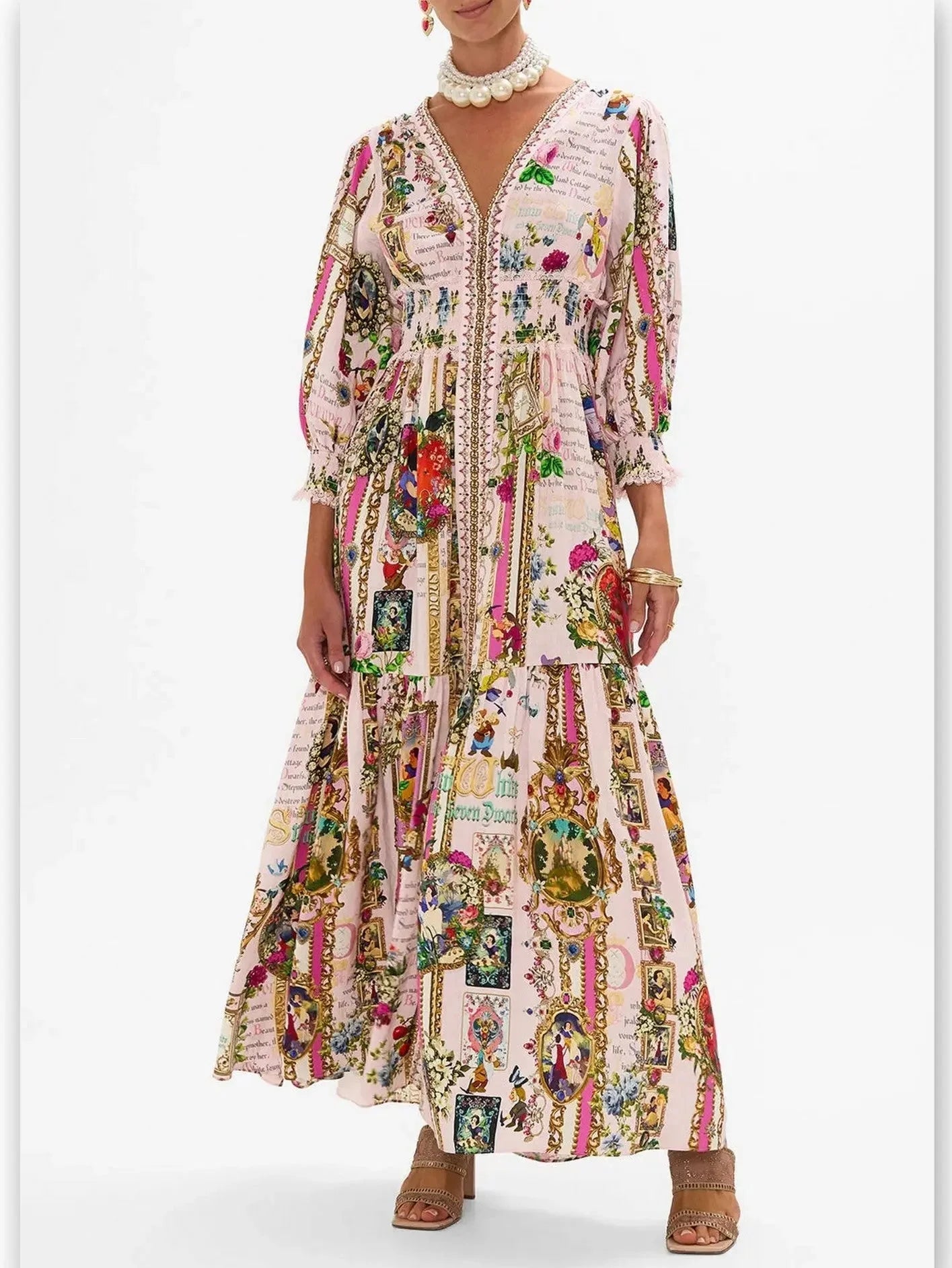 Fairy Tale and Floral Printed Dress with Shirred Waist