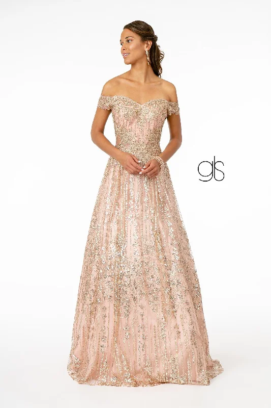 Embroidered Long Off Shoulder Glitter Dress by Elizabeth K GL2941