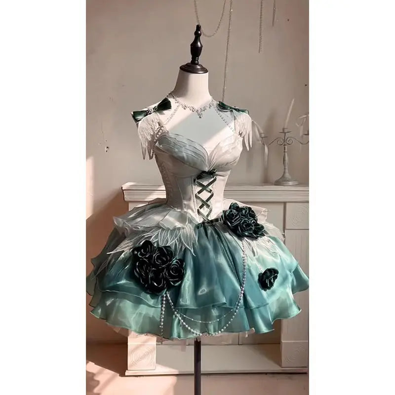 TAVIMART  -  Japan Elegant Noble Amber Green Short Jsk Dress Flower Wedding Birthday Dress Heavy Industry Trailing Princess Skirt Lolita