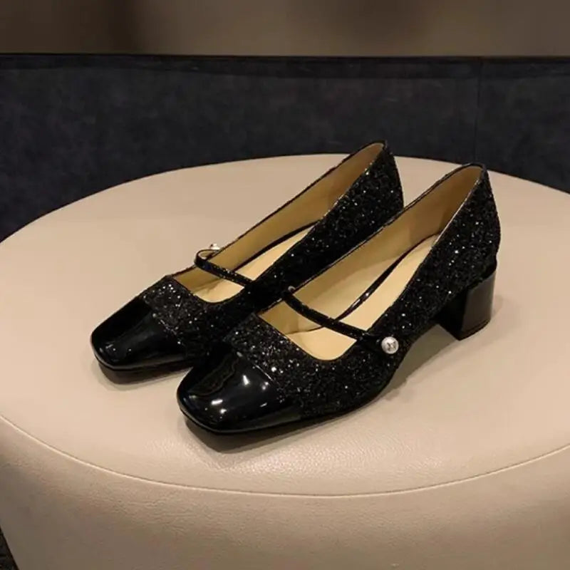 TAVIMART  -  Glitter Mary Jane Women Thick Heel Shoes Fashion Square Toe Ladies Autumn Shallow Dress Party Mid Heel Shoes Zapatos Mujer
