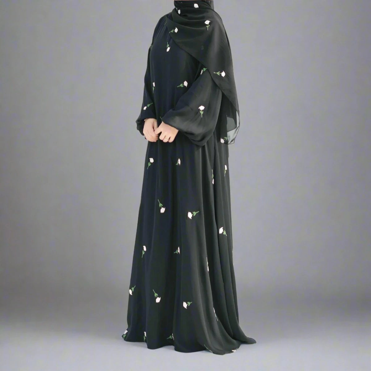 Flower Embroidery Nida Abaya Dress #25931