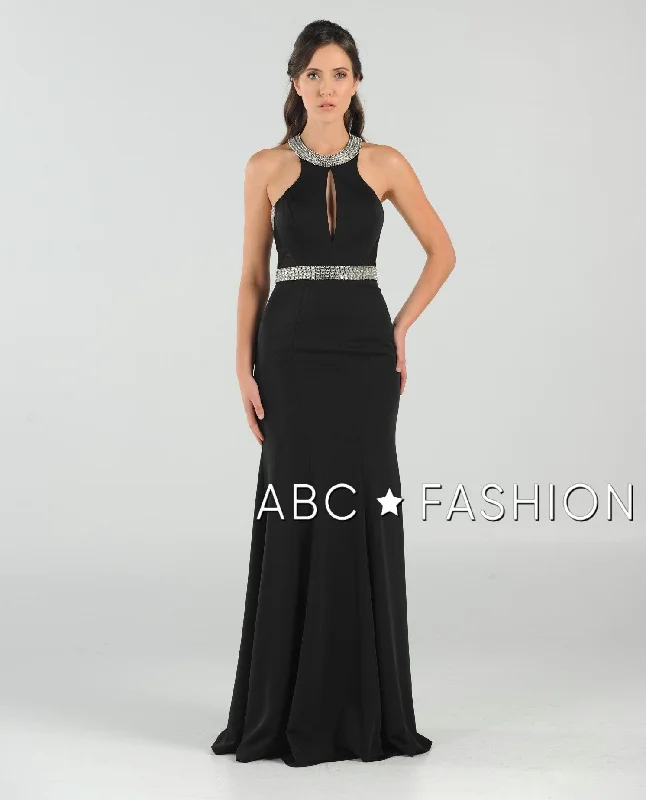 Long High-Neck Dress with Beaded Keyhole Bodice by Poly USA 8066
