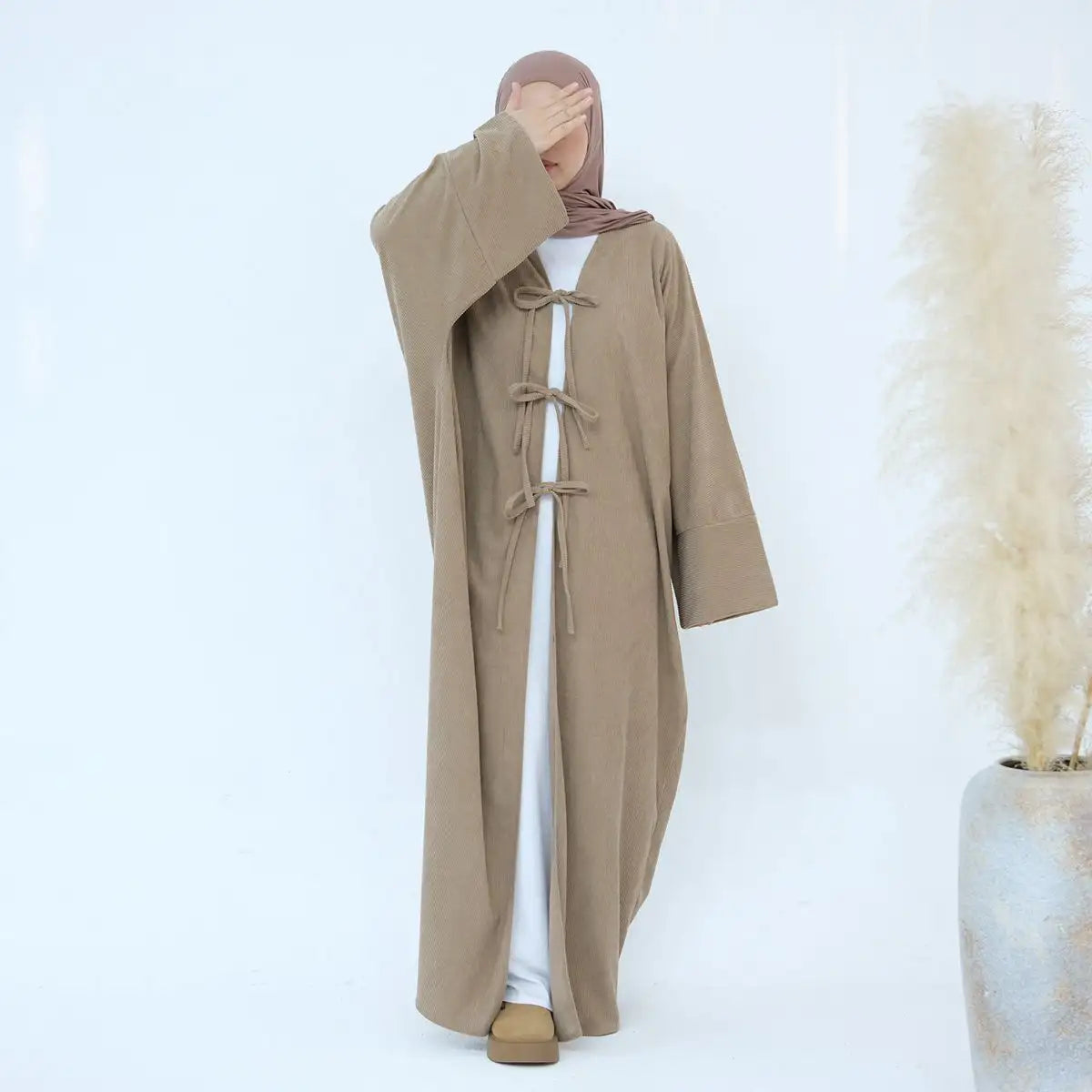 Winter Fall Corduroy Belt Open Abaya Dress #24927