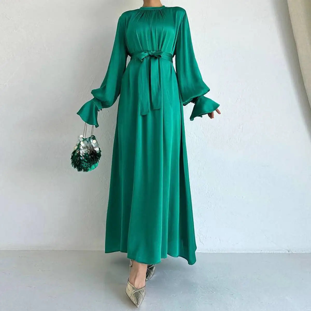 Ruffle Sleeve Satin Abaya Dress