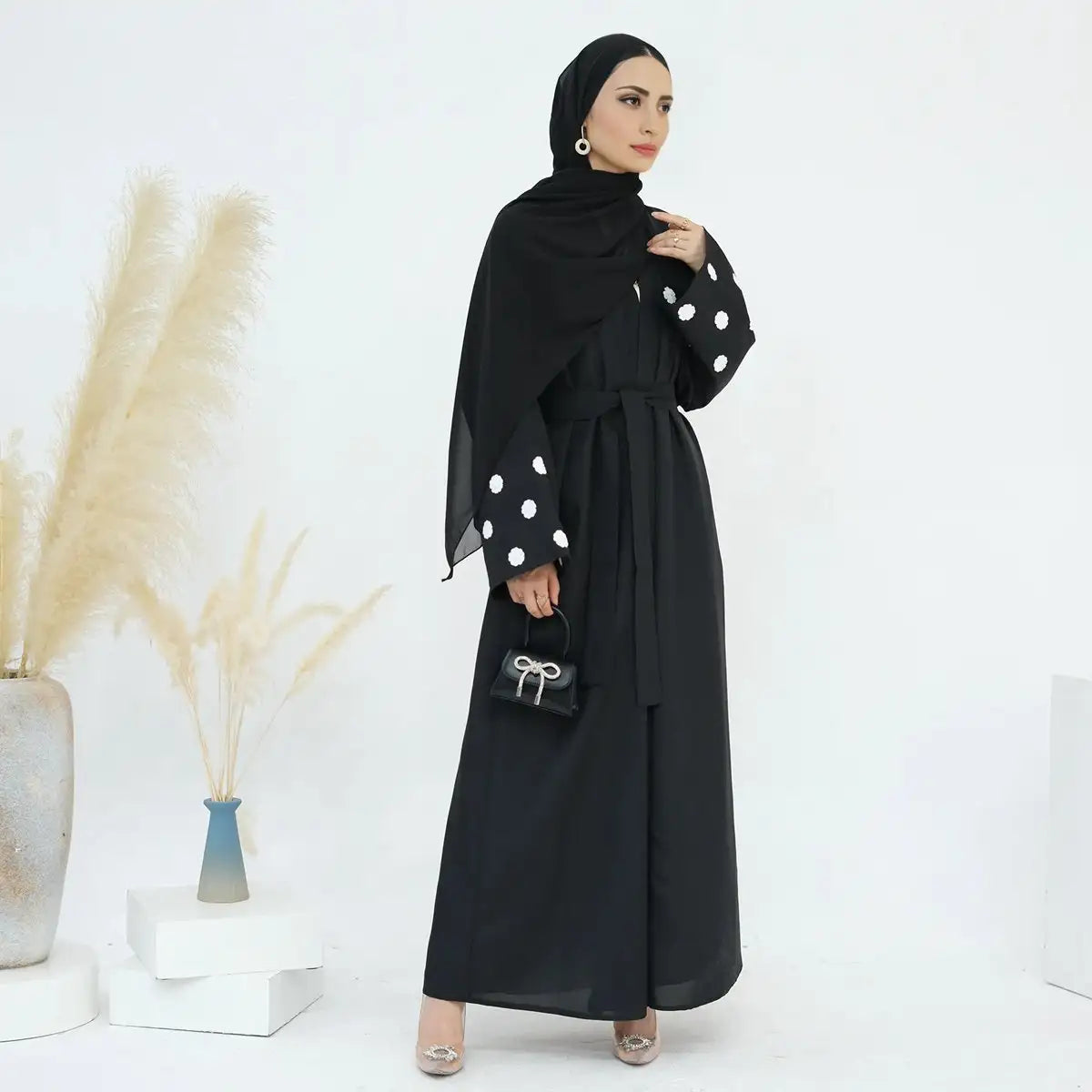 Floral Embroidery Open Abaya Dress