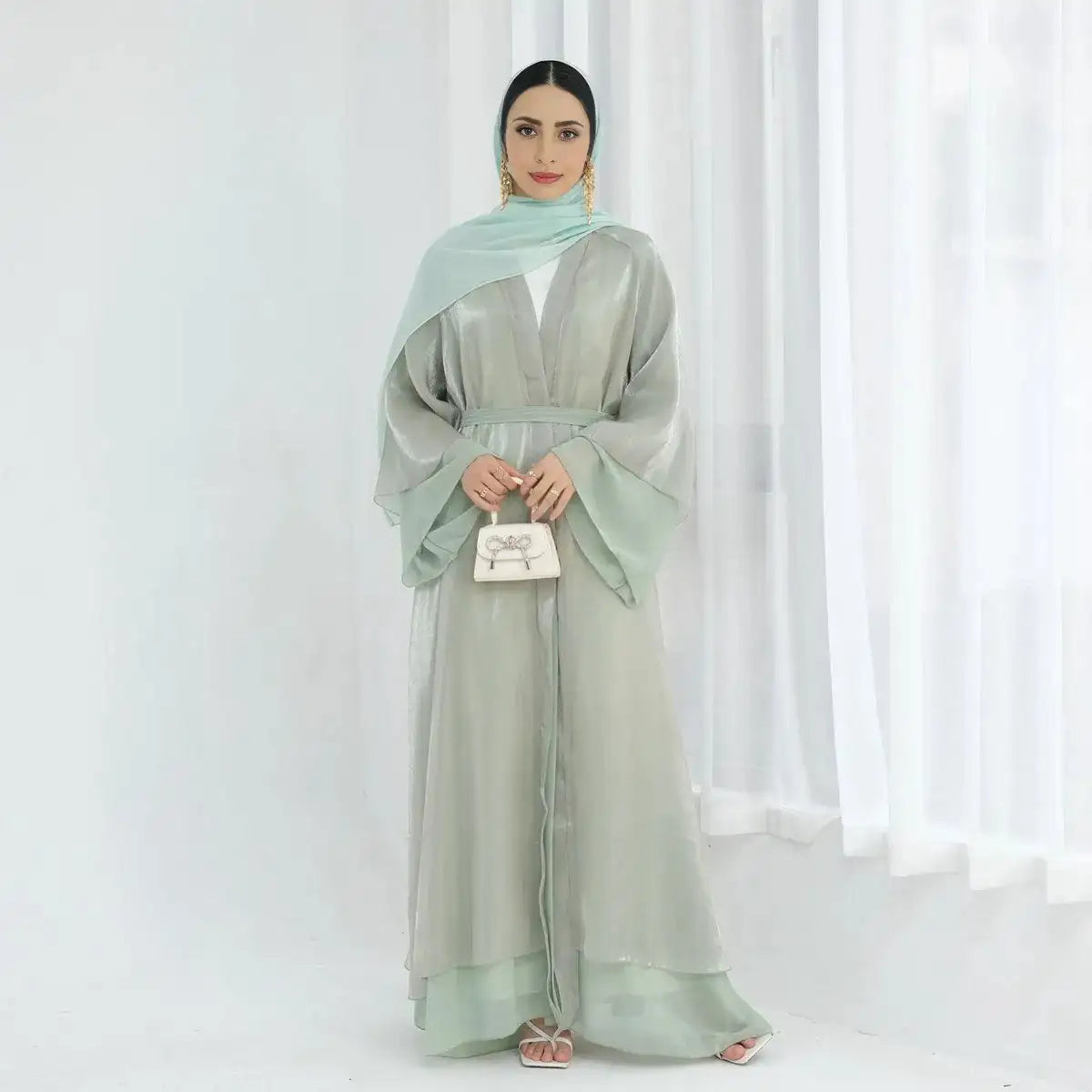 Reversible 2 Layers Chiffon Open Abaya Dress