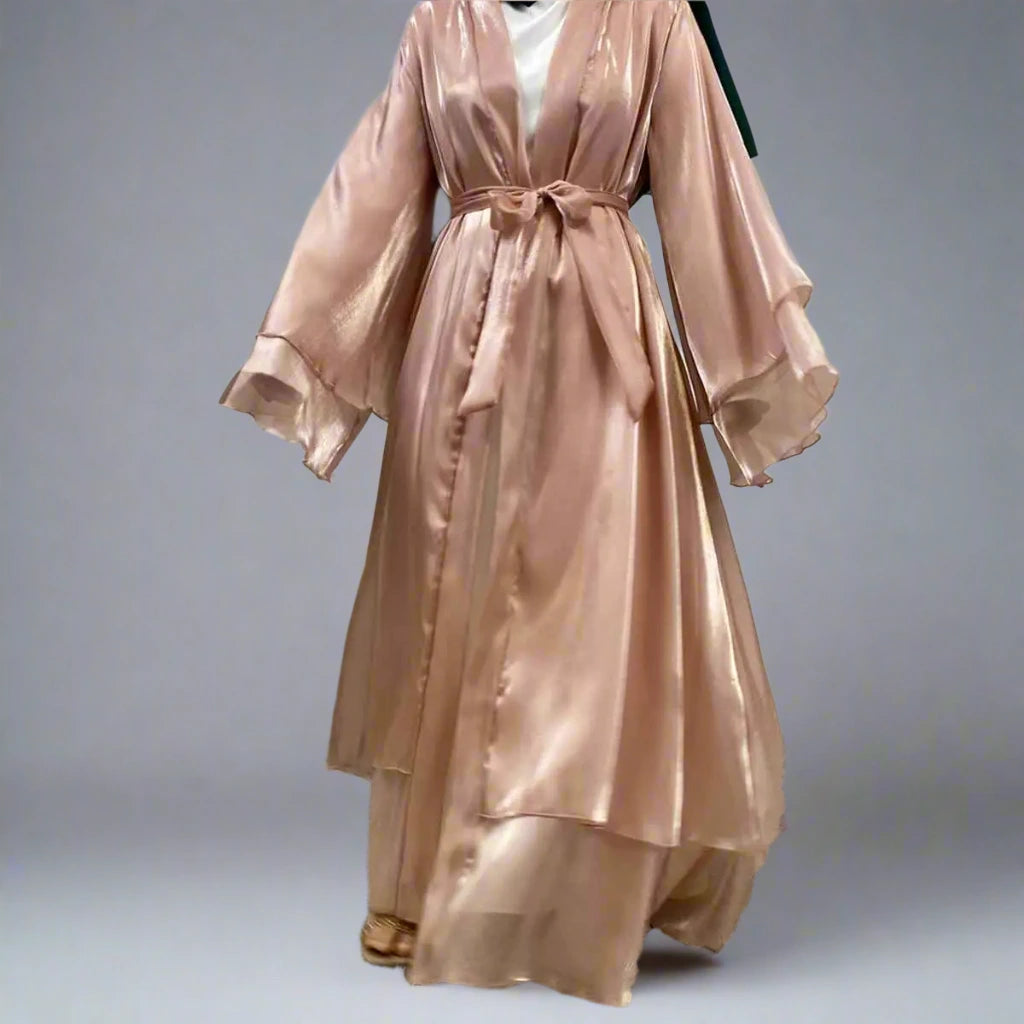 Double Layer Satin Open Abaya Dress