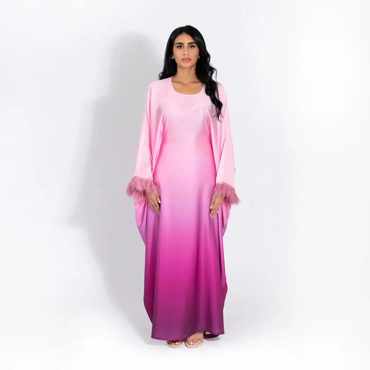 Feather Batwing Sleeve Inner Belt Satin Farasha Abaya Dress