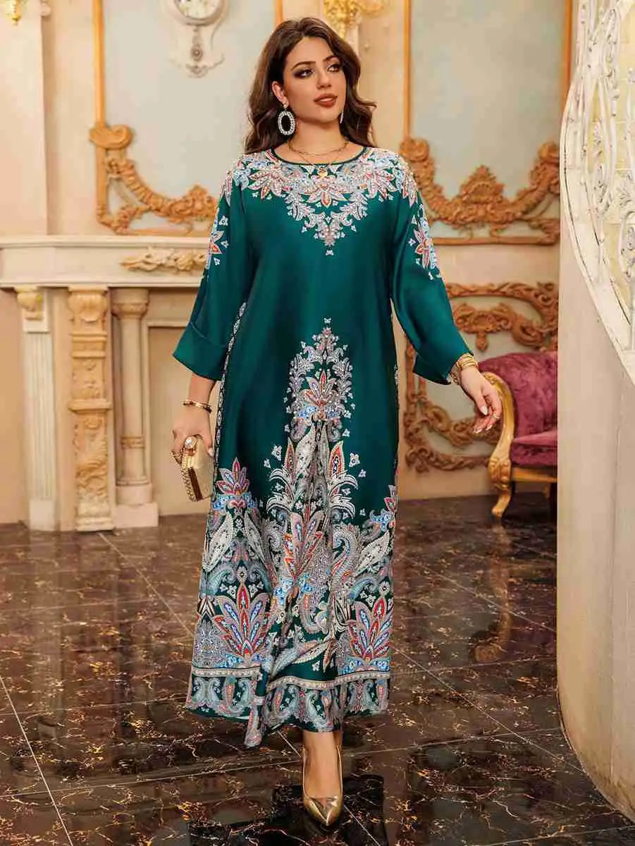 Eid Hotfix Rhinestone Printed Caftan Kaftan Dress