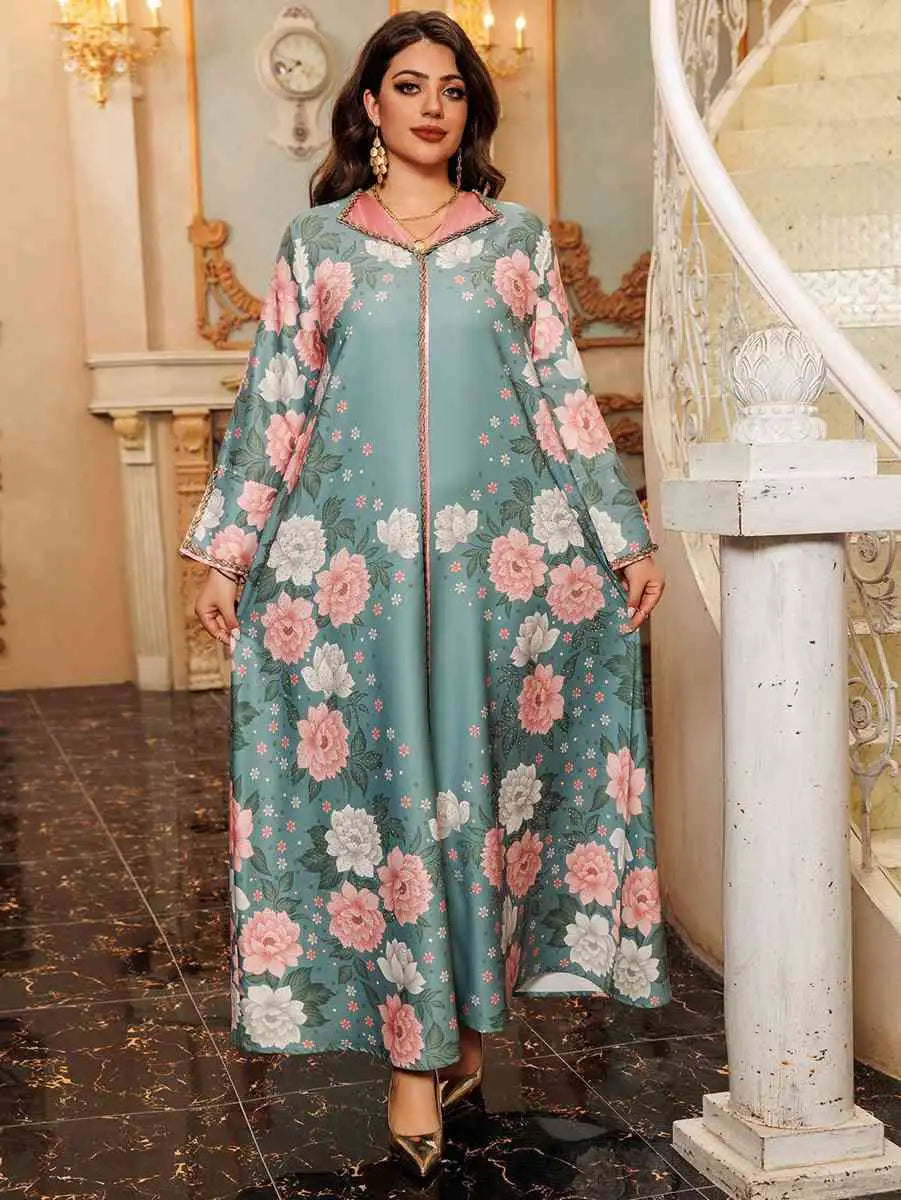 Hotfix Rhinestone Printed Eid Caftan Kaftan Dress