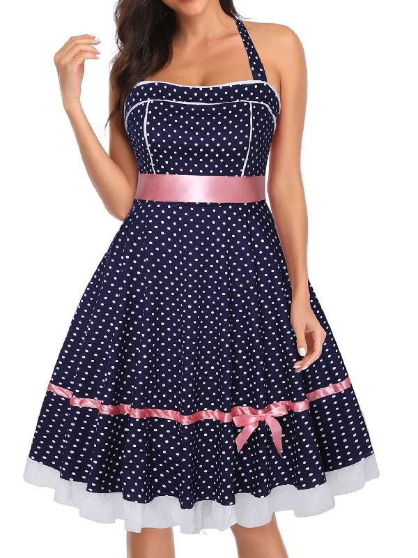 Short/Mini Polyester Halter Neck Sleeveless Retro Vintage Women's Vintage Dresses