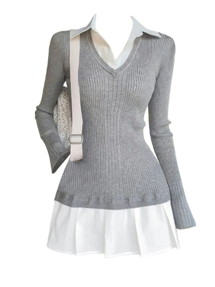 Bonnyshow Autumn Winter Preppy Style Fake Two Pieces Mini Knit Shirts Dress Women   Gyaru 2000s Aesthetic Vintage Long Sleeve One-Piece