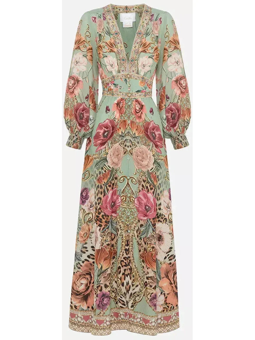 Floral and Leopard Print Button Dress With Shaped Waistband
