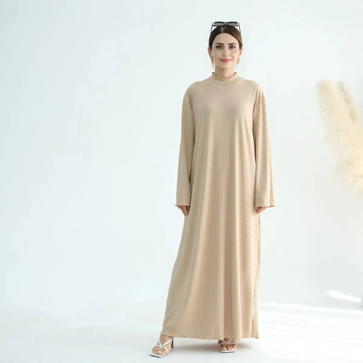 Winter Fall Knitted Fabric Stand Collar Abaya Dress
