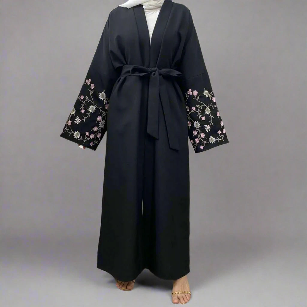 Floral Embroidery Sleeve Open Abaya Dress