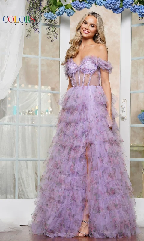 Ruffled Floral-Print Prom Ball Gown: Colors Dress 3504