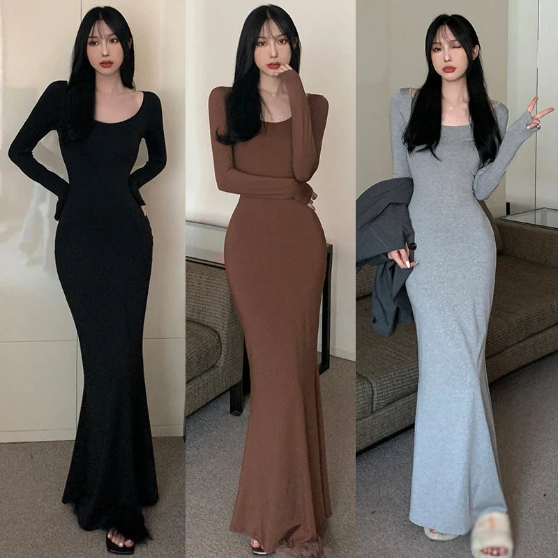 Bonnyshow Korean Version Fishtail Dress Solid Color Square Neck Slimming Sexy Fishtail Wrap Buttocks Dress