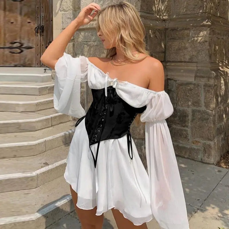 Bonnyshow DressSexy Skirt  Fall Hot New One-shoulder Irregular Women's Chiffon Corset Dress SetGoth dress