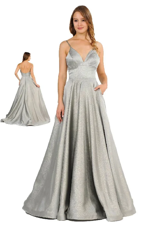Long Metallic V-Neck Dress with Pockets by Poly USA 8358