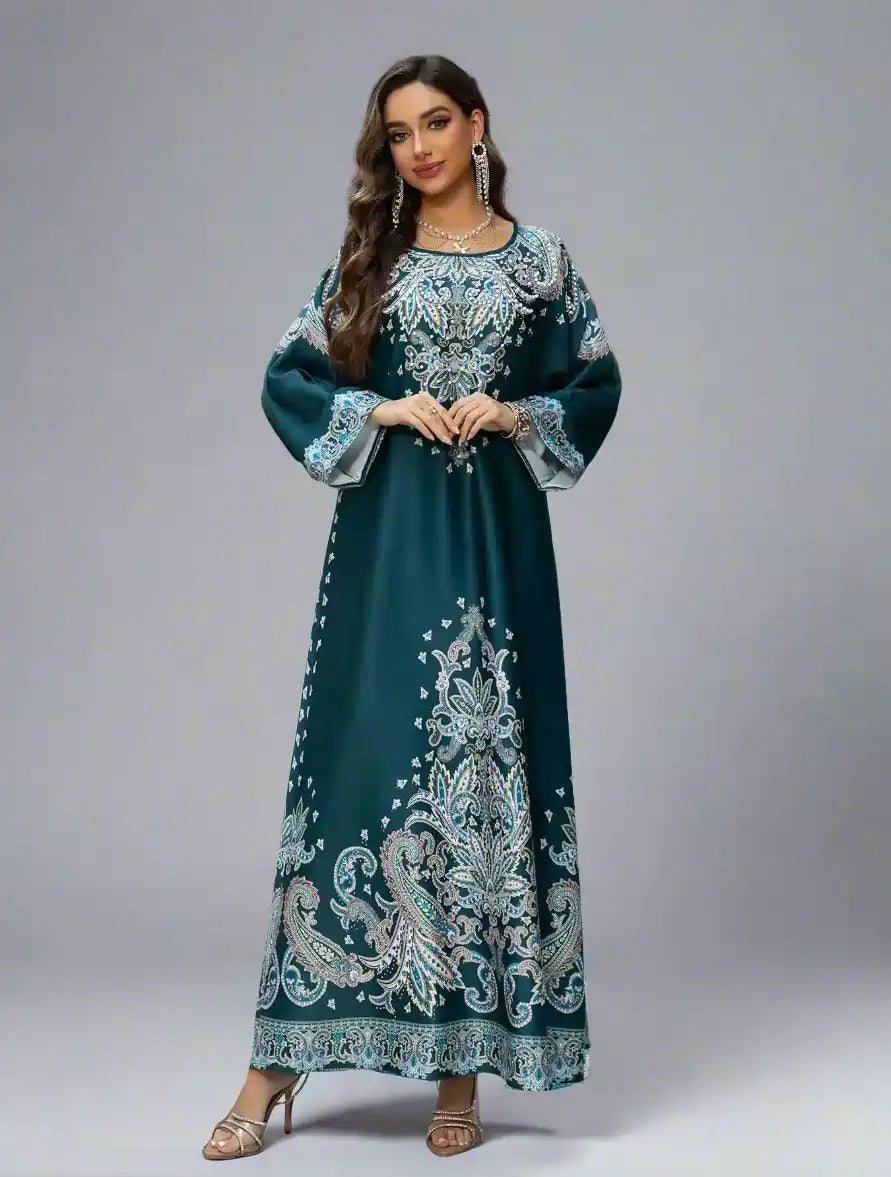 Eid Hotfix Rhinestone Printed Caftan Kaftan Dress #25425