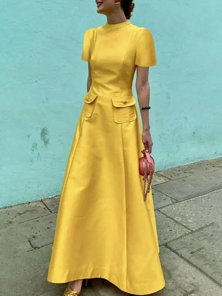 TAVIMART  -  Female Stylish Selection Elegant Yellow Evening Dresses Women New Summer Short Sleeves Pockets Party A-Line Dress