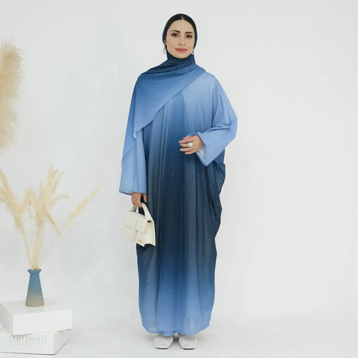 Glitter Gradient Color Open Abaya Dress With Glitter Hijab