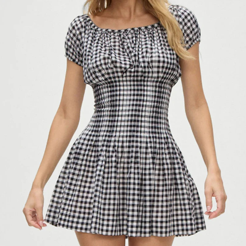 TAVIMART  -  Vintage  Women Black White Plaid Dresses Short Sleeve O Neck Slim Waist A-line Mini Casual Summer Dress