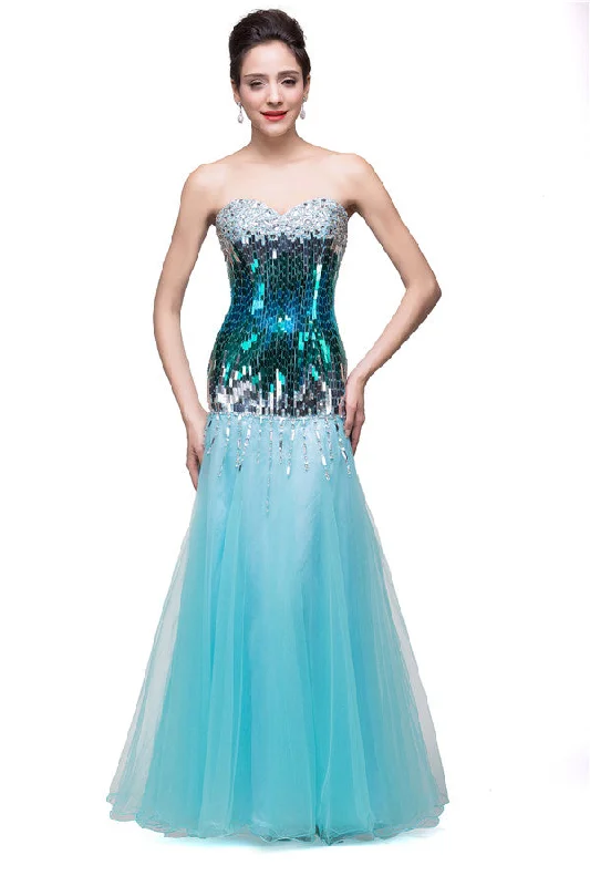 Strapless Floor-length Mermaid Tulle Sequins Porm Dresses