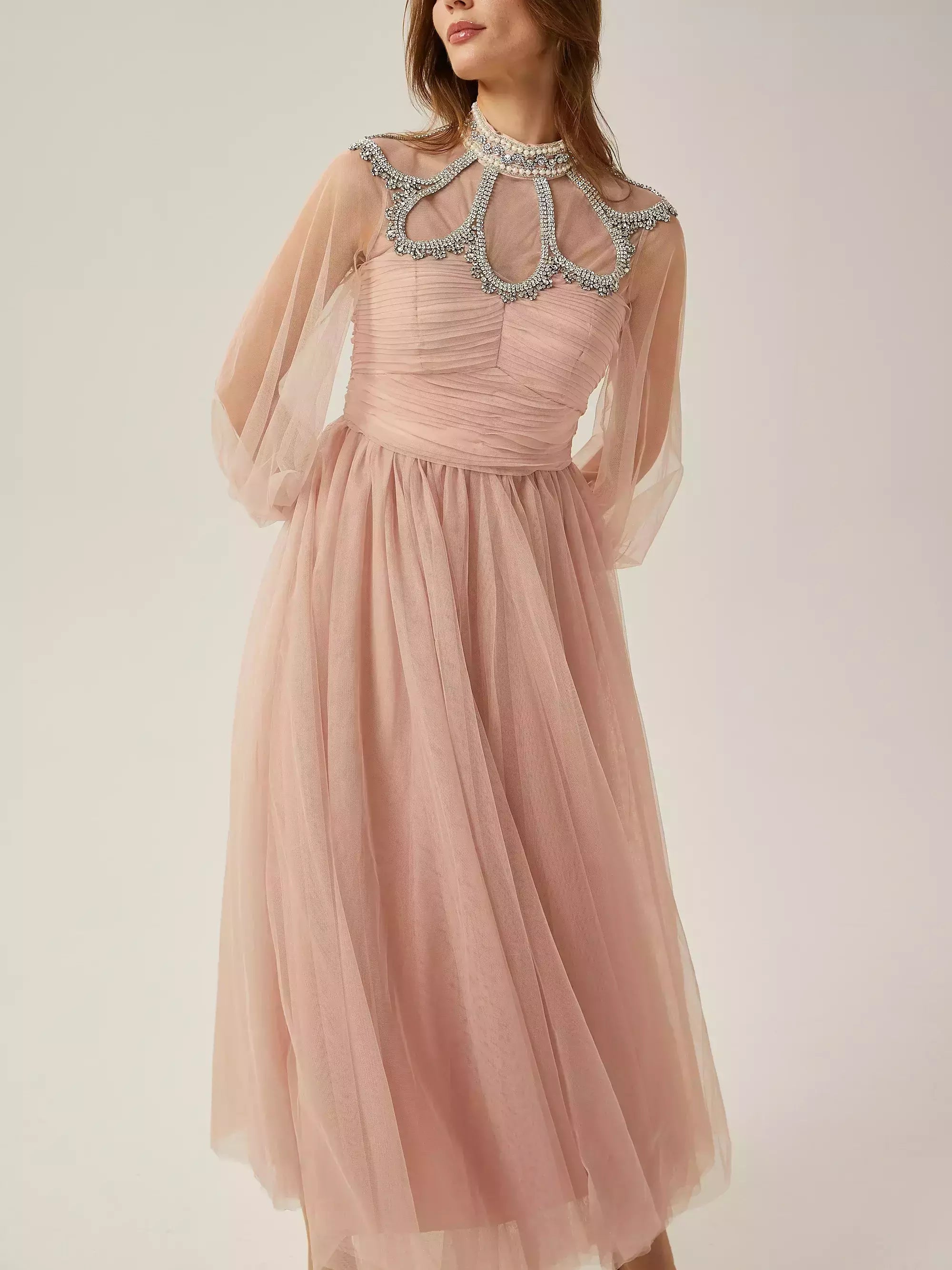 Crystal and Pearl Embellished Gathered Mesh Dress in Pink