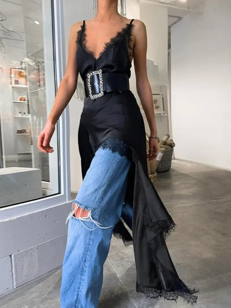 TAVIMART  -  Women Sexy V-neck Lace Patchwork Black Dress Y2K Streetwear Fashion Spaghetti Strap Irregular Split Solid Long Slip Dresses