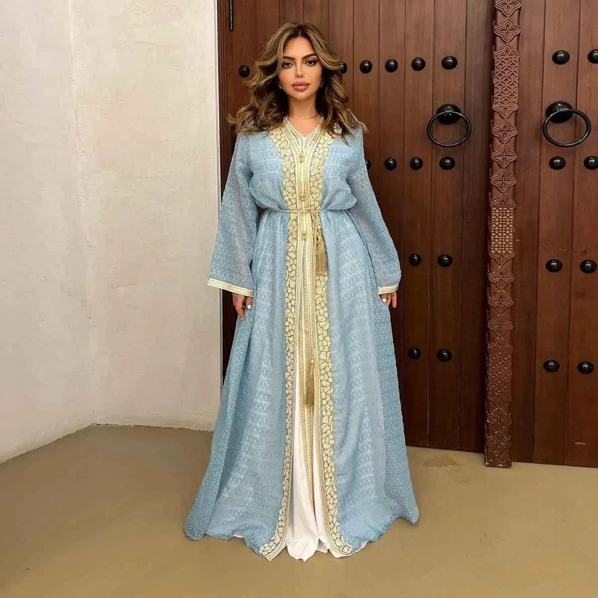 Eid Dress Embroidery Hotfix Rhinestone 2 Pieces Set Caftan Kaftan Dress