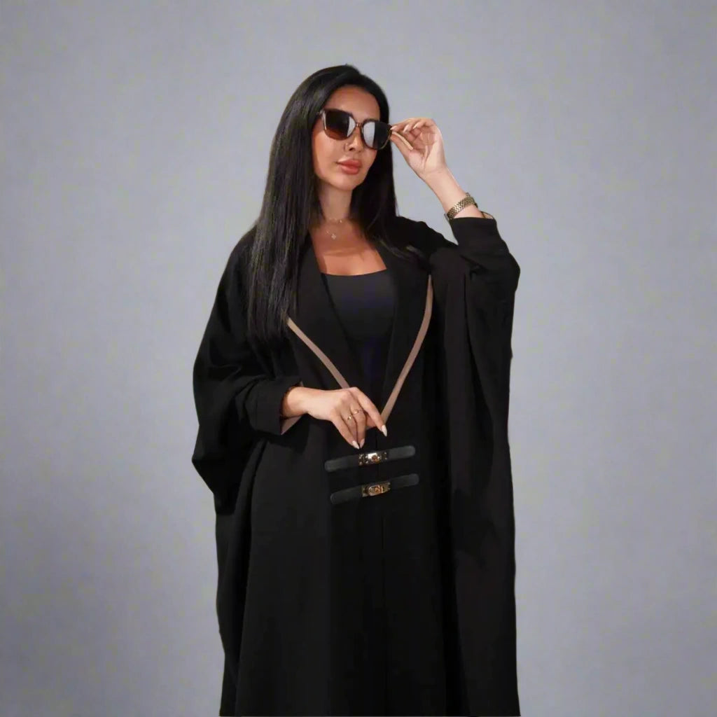 Batwing Sleeve Farasha Open Abaya Dress With Leather Belt
