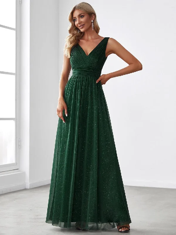Joyce | Double V Neck Floor Length Sparkly Evening Dresses for Party