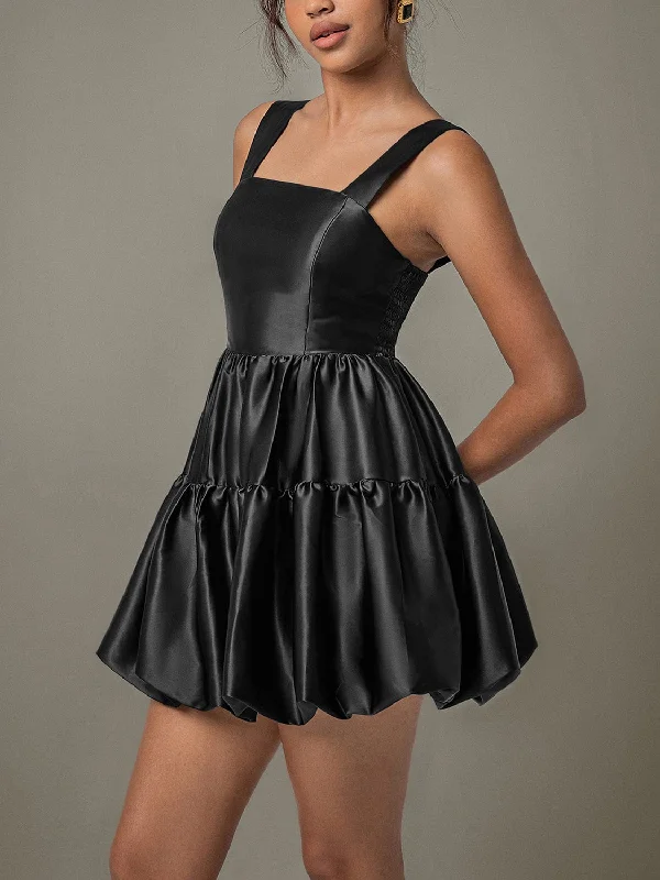 Black Satin Ruched Square Neck Wide Strap Mini Cocktail Dress