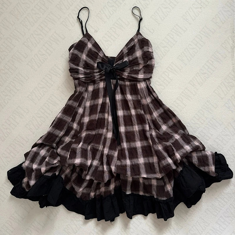 TAVIMART  -  Women's suspender V-neck dress retro plaid pattern 2000s Harajuku street hip-hop casual versatile cute Y2K emo girls slim dress