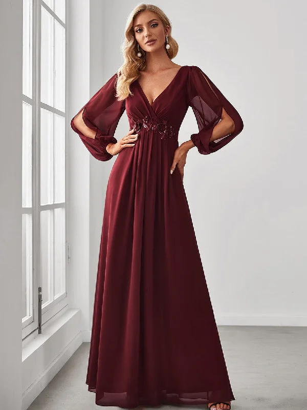 Iris | Elegant Chiffon V-Neckline Long Sleeve Formal Evening Dress