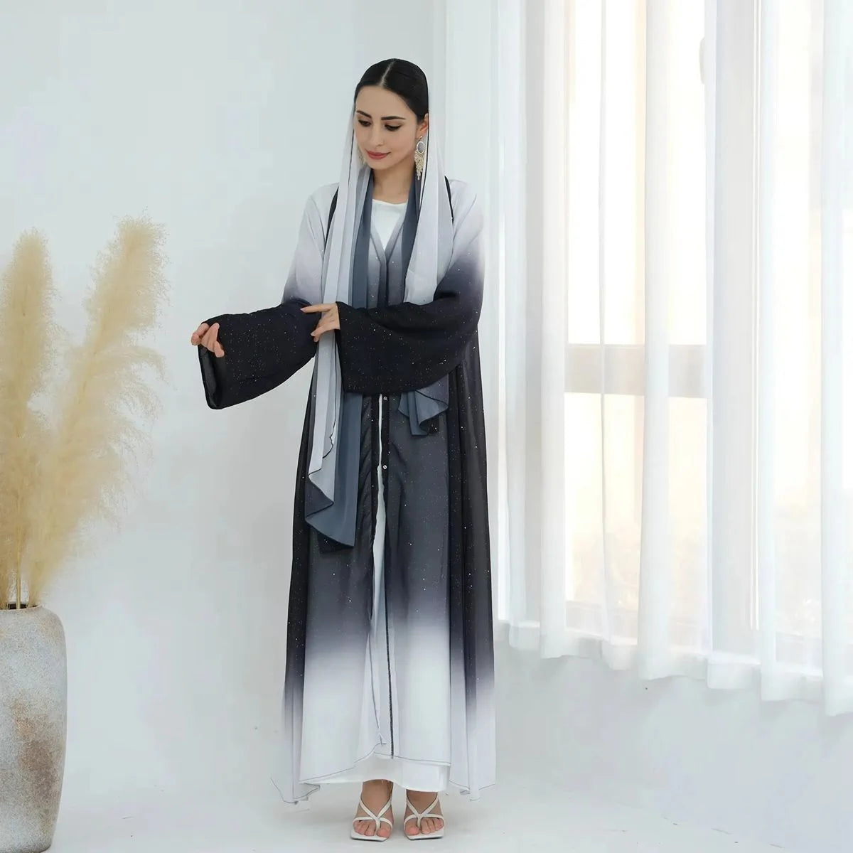 Gradient Glitter Chiffon Open Abaya Dress With Matching Hijab