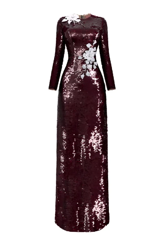 LONG SLEEVE SEQUIN FLOWER LONG DRESS