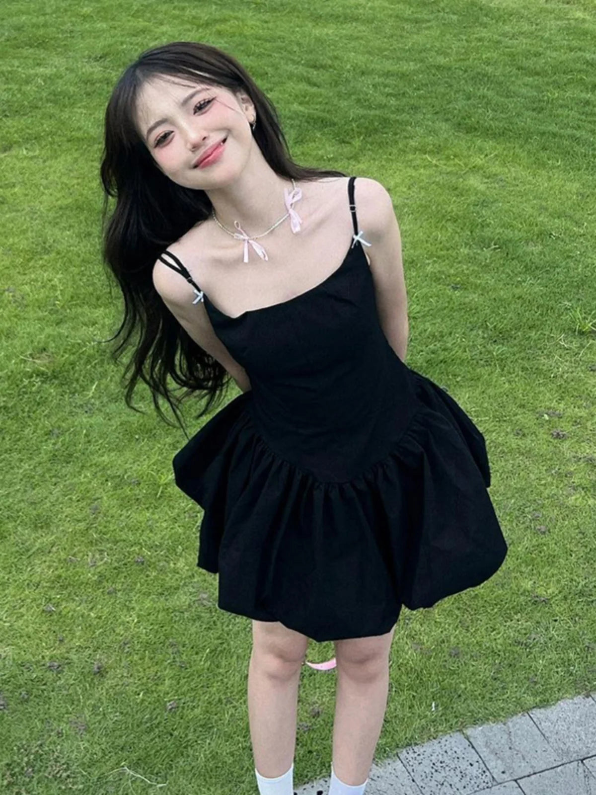 TAVIMART  -  Princess Fashionable, Simple, and High End Waist Wrapped Small Black Dress French Flower Bud Sling Dress Trendy