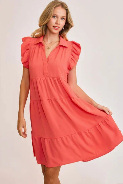 Umgee Full Size Johnny Collar Ruffle Cap Sleeve Tiered Dress Plus Size