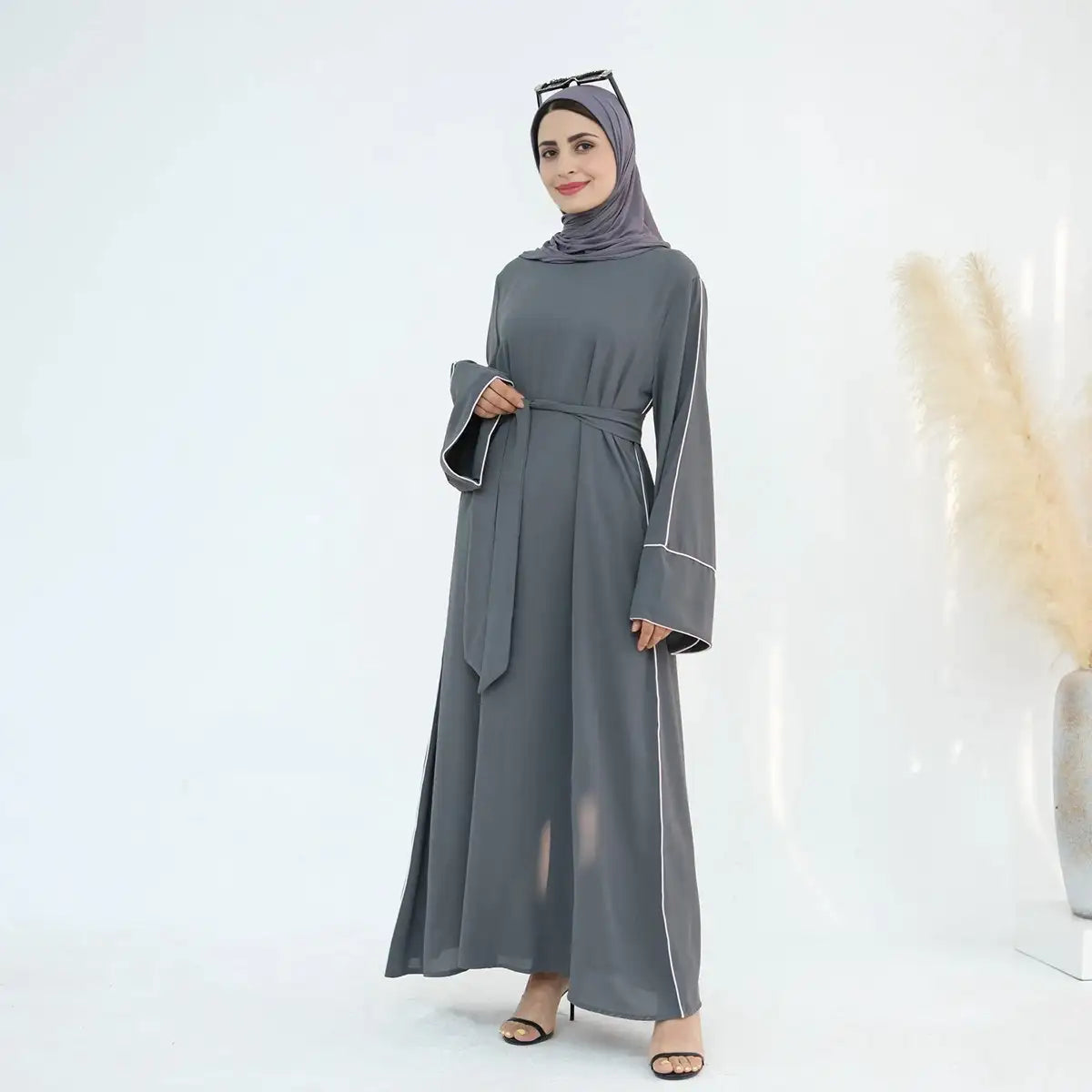 Solid Color Hem Abaya Dress Modest Fashion