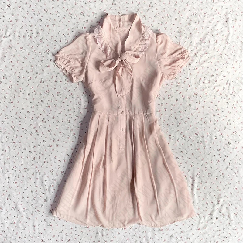 TAVIMART  -  Solid color vintage Women's dress fashionable and versatile streetwear casual cute lace bow Harajuku hip-hop slim dress emo girl