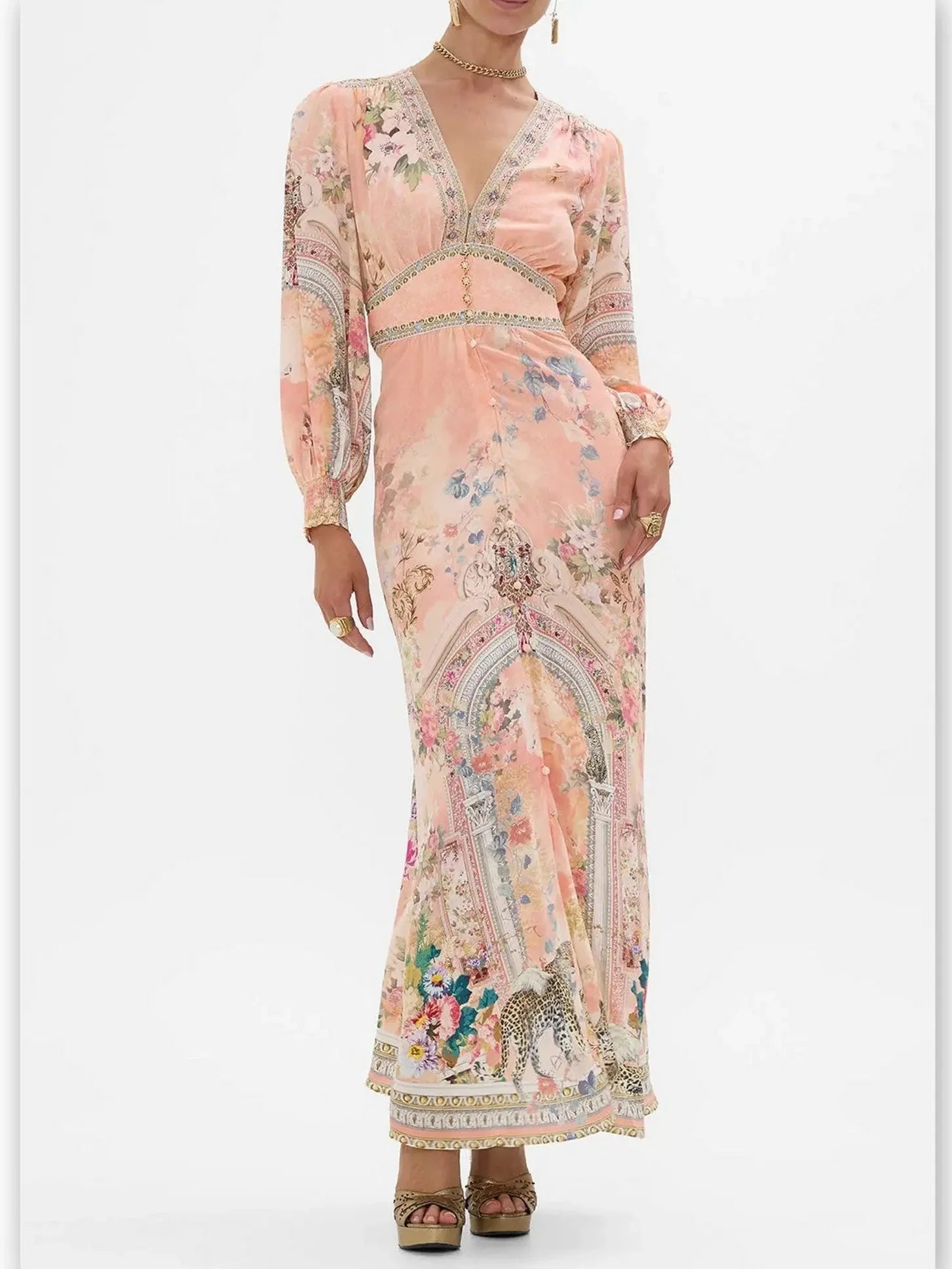 Button-Down Printed Silk Dress with Shaped Waistband