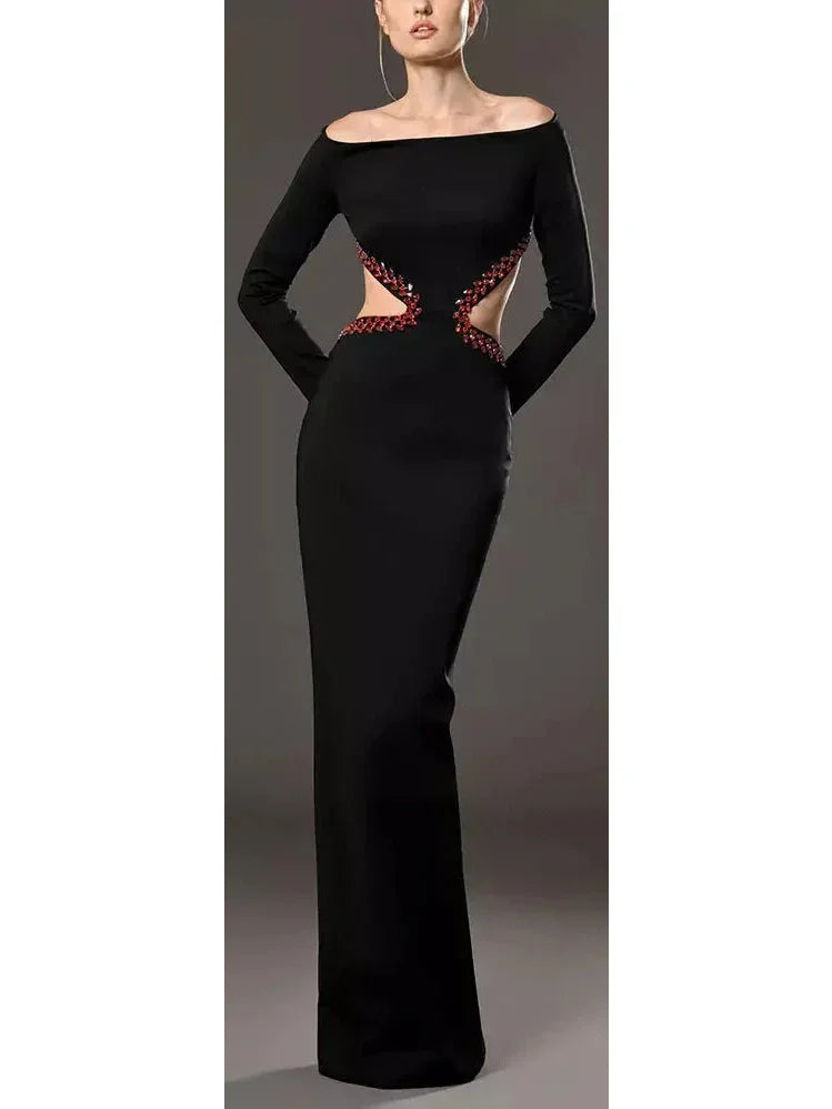 Black Jersey Dress Featuring Red Crystal Embroidery on the Waist Cut-Out and Back