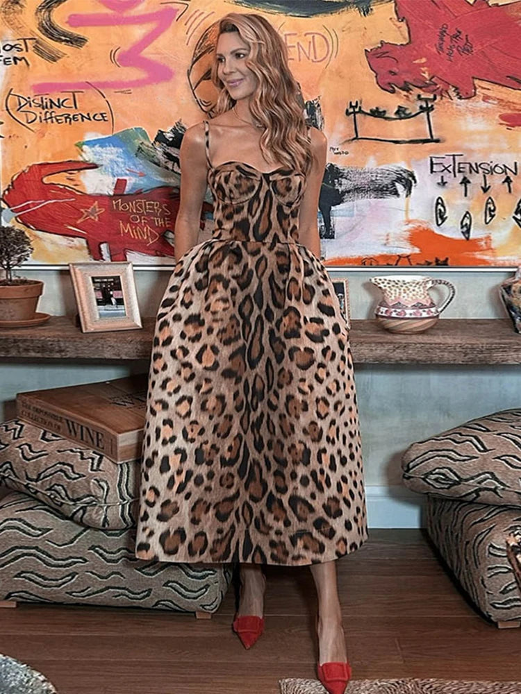 TAVIMART  -  Leopard Print Sleeveless Sling Dress For Women Fashion Backless A Line Long Dresses 2025 New Vintage Female High Street Vestidos