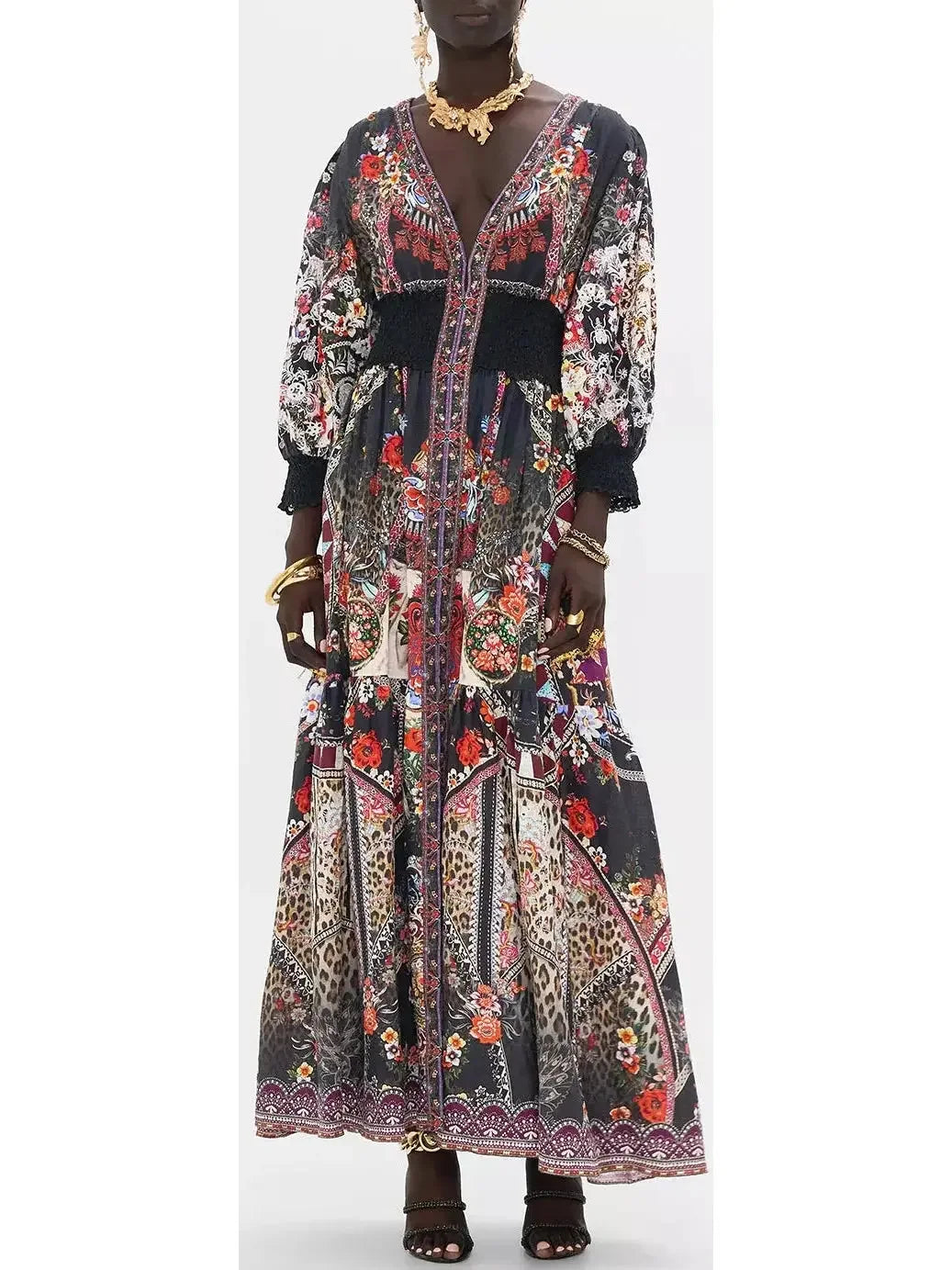 Multicolored Printed Low-Cut Shirred-Waist Long Dress