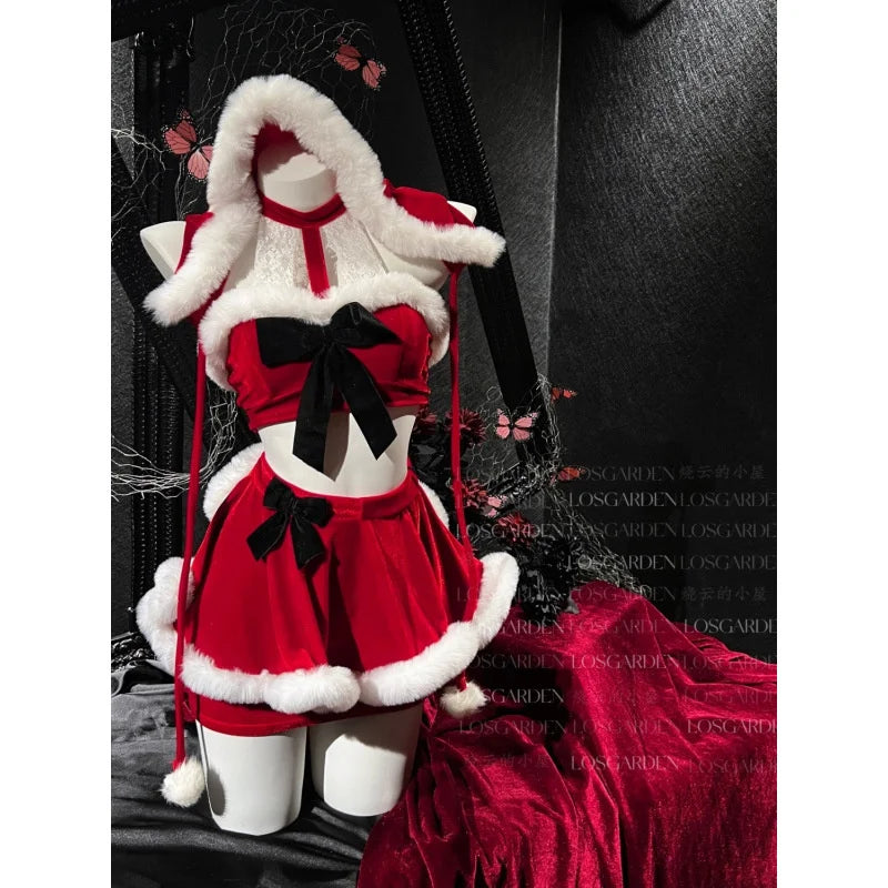 TAVIMART  -  Christmas Costumes for Women Hanging Neck Top with Hat Fancy Dress Set Xmas Party Adult Red Hat Santa Cosplay Costume