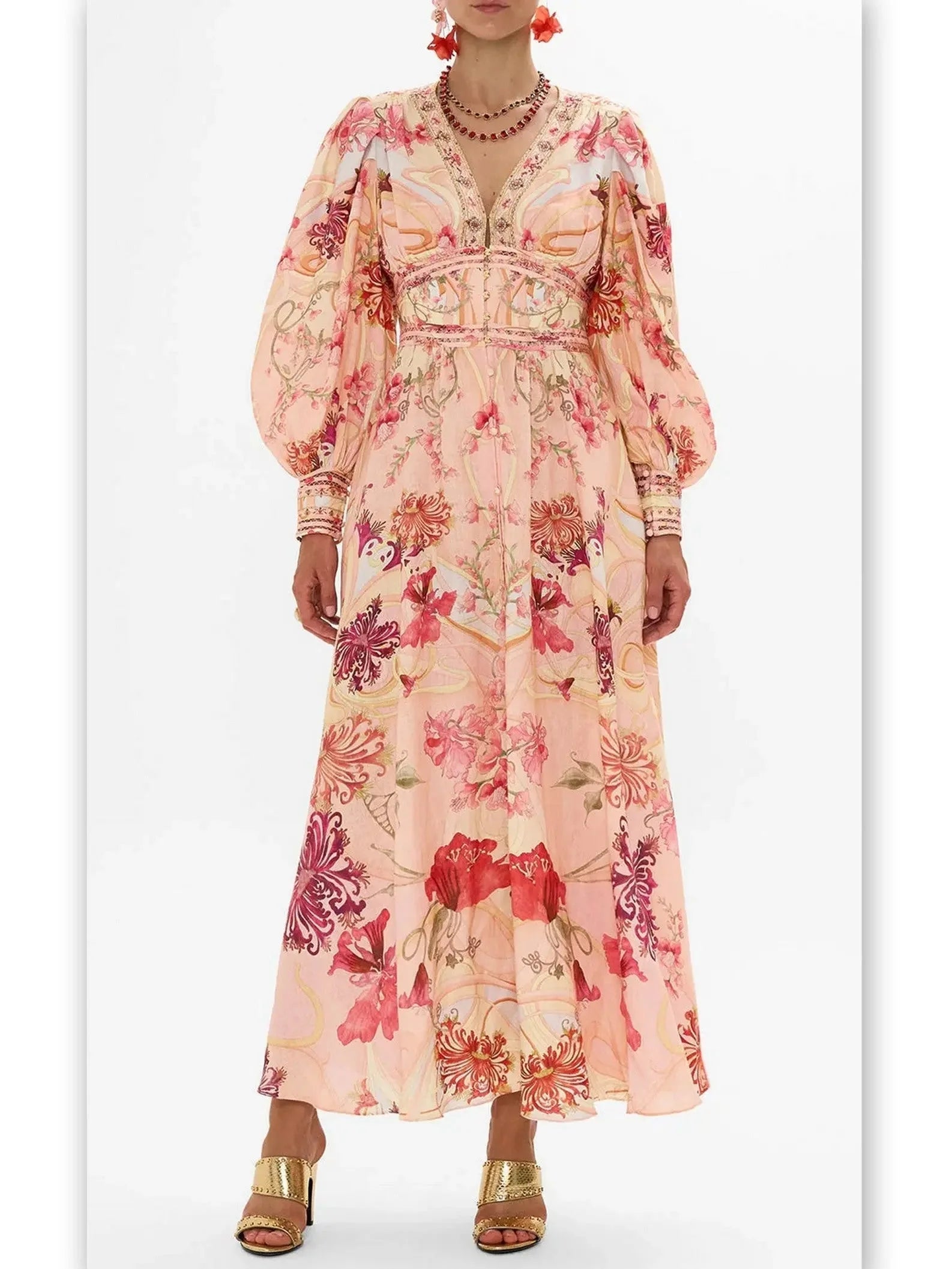 Floral-Print V-Neck Silk Dress with Shaped Waist Band