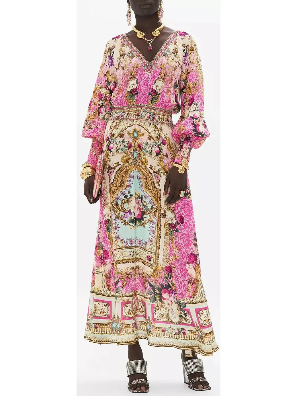 Printed Dress With Shirred Waist And Cuffs