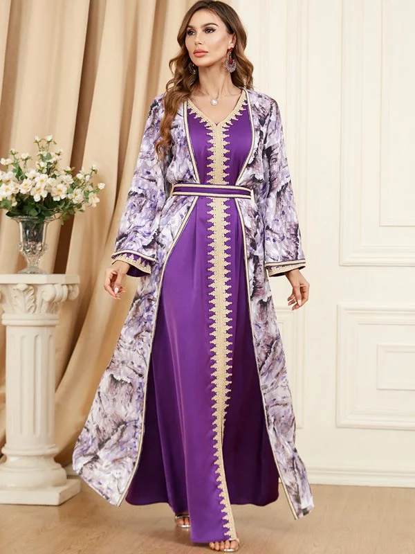 Medium Purple 2 Pieces Set Arab Women Caftan Kaftan Dress For Eid, Evening Party And Birthday